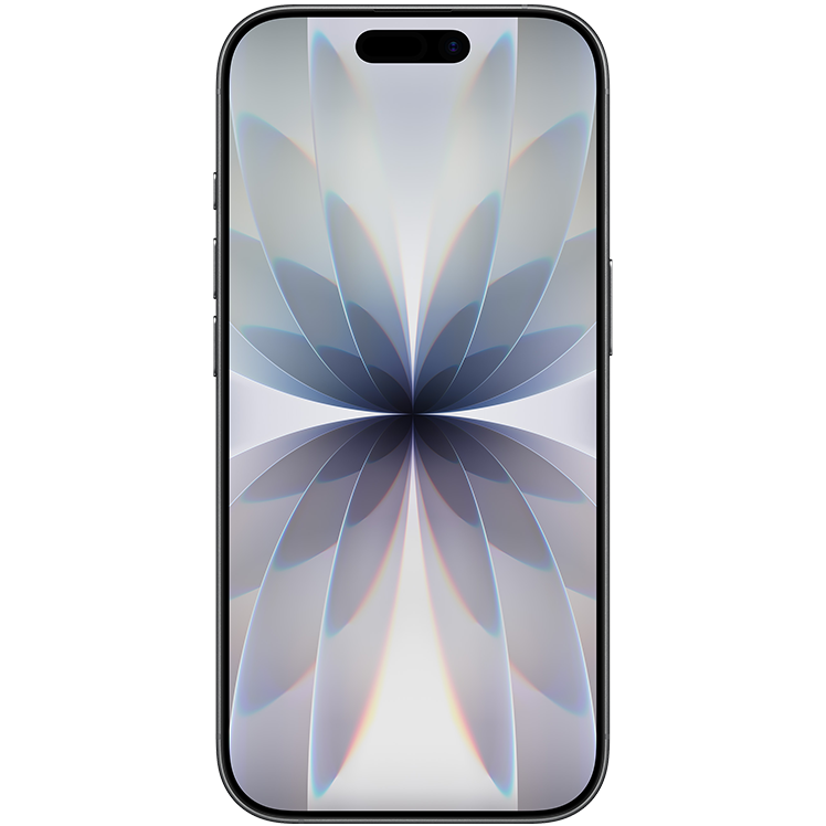 En smartphone med en elegant blomliknande bakgrundsbild i blå och vita toner som strålar ut från mitten.