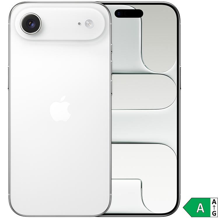 Vit iPhone Air med dubbla kameror på baksidan, Apple-logotyp och en stiliserad skärm med abstrakta linjer bredvid. Energiklass A.