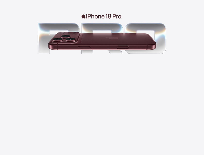 iPhone 18 Pro i mörk röd färg visad från sidan med trippelkamerasystem, framför stor PRO-text i metallisk stil.