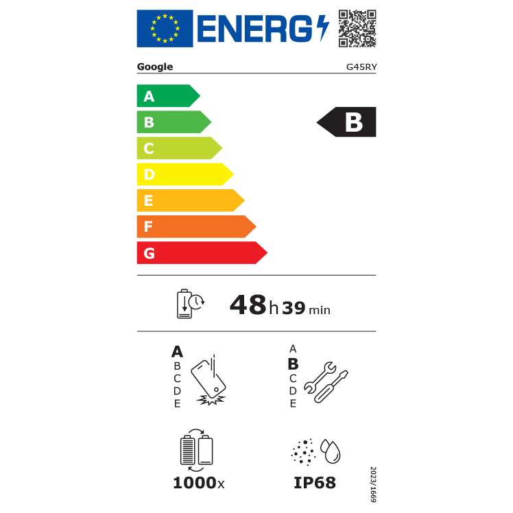 EU-energimärkning för Google G45RY med energiklass B, drifttid 48h 39min, 1000 laddningscykler och IP68-klassificering.