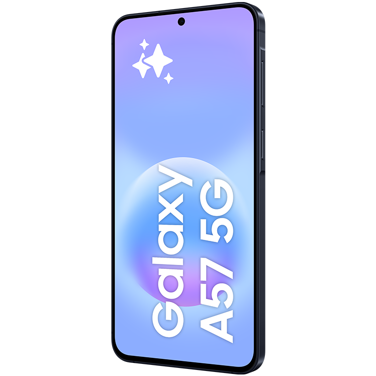En Samsung Galaxy A57 5G-smartphone visad från sidan med ljusblå skärm som visar produktnamnet och gnistrande stjärnor.