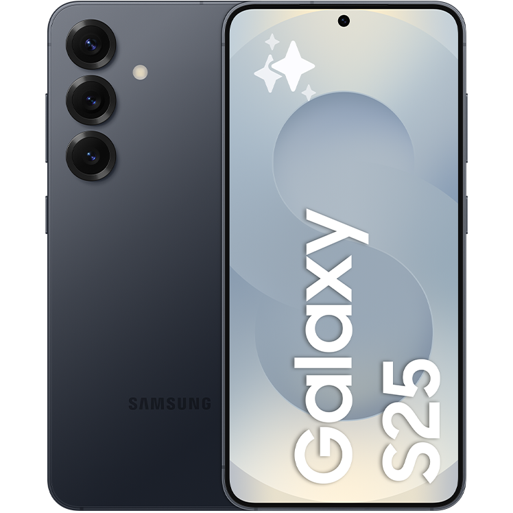 Samsung Galaxy S25 smartphone i mörkgrå färg med tre kameror på baksidan och ljusblå skärm som visar produktnamnet.