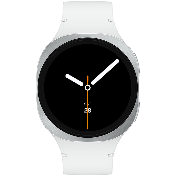 Galaxy Watch8 med silverfärgat armband och rund svart analog urtavla som visar tiden 10:10 och datum.