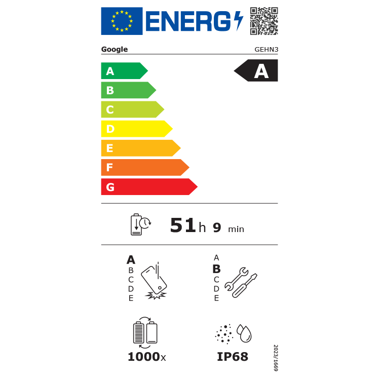 EU-energimärkning för Google-produkt med energiklass A, 51h 9min drifttid, och IP68-klassificering för vattentäthet.
