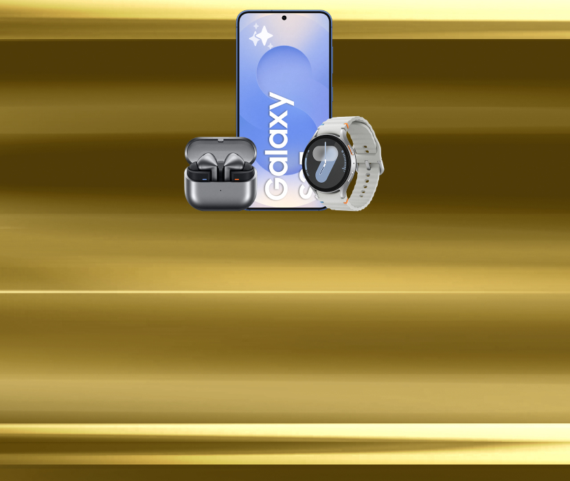 Samsung Galaxy-telefon med blå skärm, trådlösa hörlurar i fodral och en vit smartklocka mot gyllene bakgrund.