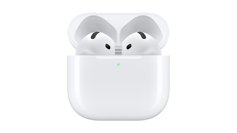 Vita AirPods 4 som sticker upp ur sitt vita fodral