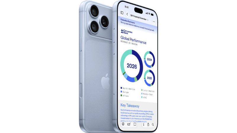 Fram- och baksida av två smartphones modell iPhone 18 Pro Max. Baksidan är ljusblå med tre kameror i övre vänstra hörnet och framsidan har en påslagen skärm som visar flera diagram. 