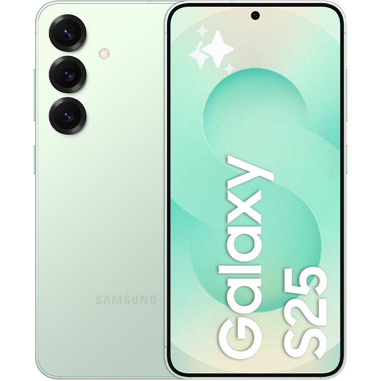 Samsung Galaxy S25 i färgen Mint visad fram- och bakifrån. Framsidan visar texten 'Galaxy S25' på en ljusgrön bakgrund. Baksidan har tre kameralinser i vertikal linje och en LED-blixt.