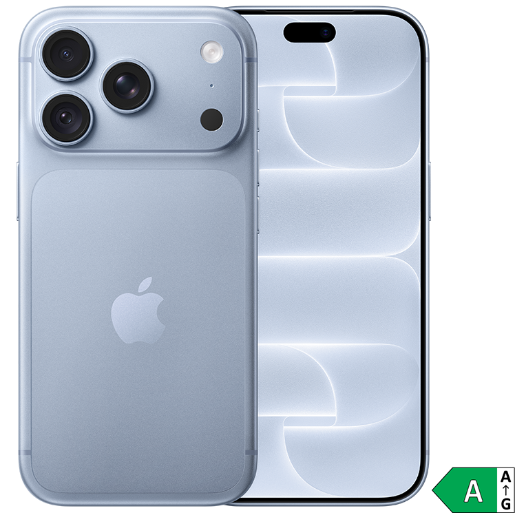 iPhone 18 Pro i ljusblå färg visad framifrån och bakifrån, med trippelkamera och energiklass A-märkning.