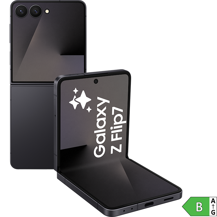 Svart Samsung Galaxy Z Flip-telefon visad i både stängt och öppet läge, med dubbla kameror och energimärkning.