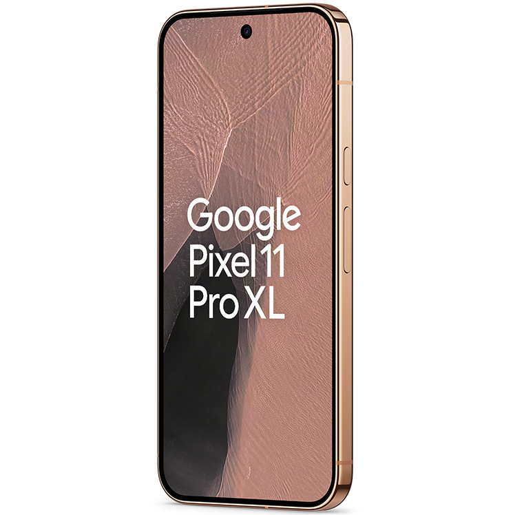 Google Pixel 11 Pro XL smartphone i rosa färg med rosa skärm, visad i vinkel från framsidan.