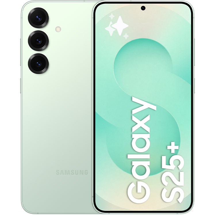 Samsung Galaxy S25 i färgen Mint visad fram- och bakifrån. Framsidan visar texten 'Galaxy S25' på en ljusgrön bakgrund. Baksidan har ljusgrön färg och tre kameralinser i vertikal linje och en LED-blixt.