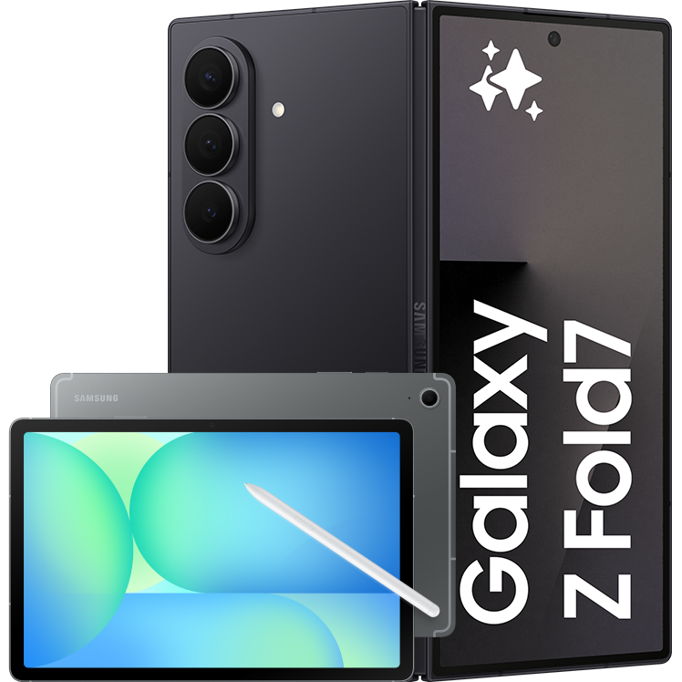 En svart Samsung Galaxy Z Fold7 smartphone bredvid en Galaxy Tab surfplatta med penna och blågrön skärm.