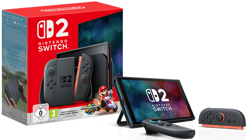 Nintendo Switch 2 konsol med förpackning, handkontroller och skärm som visar Mario Kart-spelet.