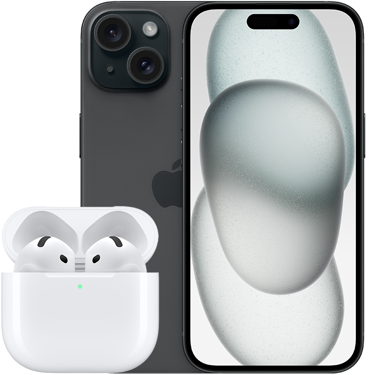 Svart iPhone 15 med abstrakt silvergrå design på skärmen, bredvid ett öppet vitt AirPods 4-fodral med hörlurar i.