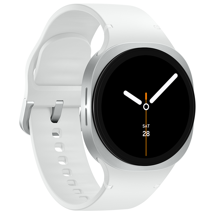 Galaxy Watch8 sett från höger med rund urtavla, visar tid 10:10 och datum, monterad på ett silverfärgat silikonarmband.