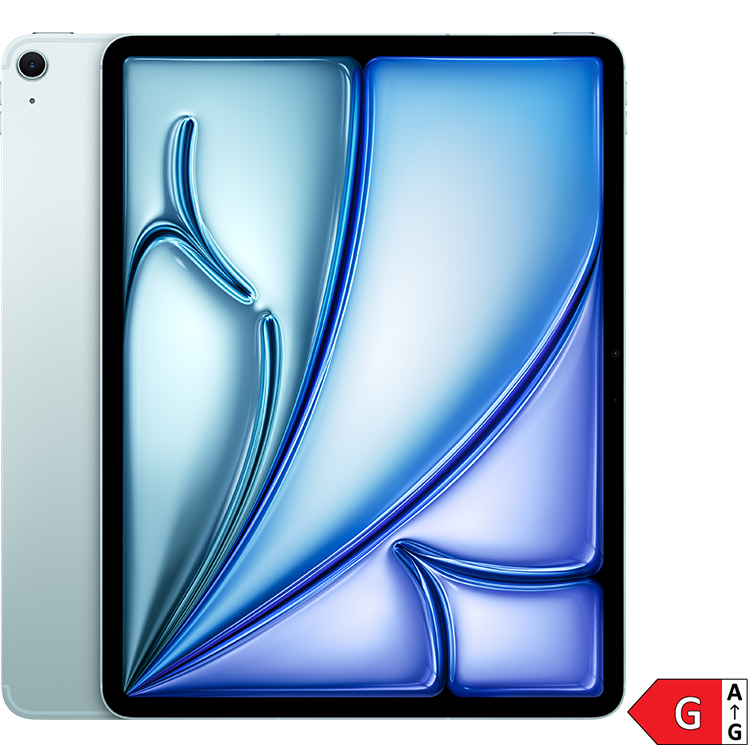 En ljusblå iPad med abstrakt bakgrundsbild i blå och lila toner. Energimärkning G visas i nedre högra hörnet.