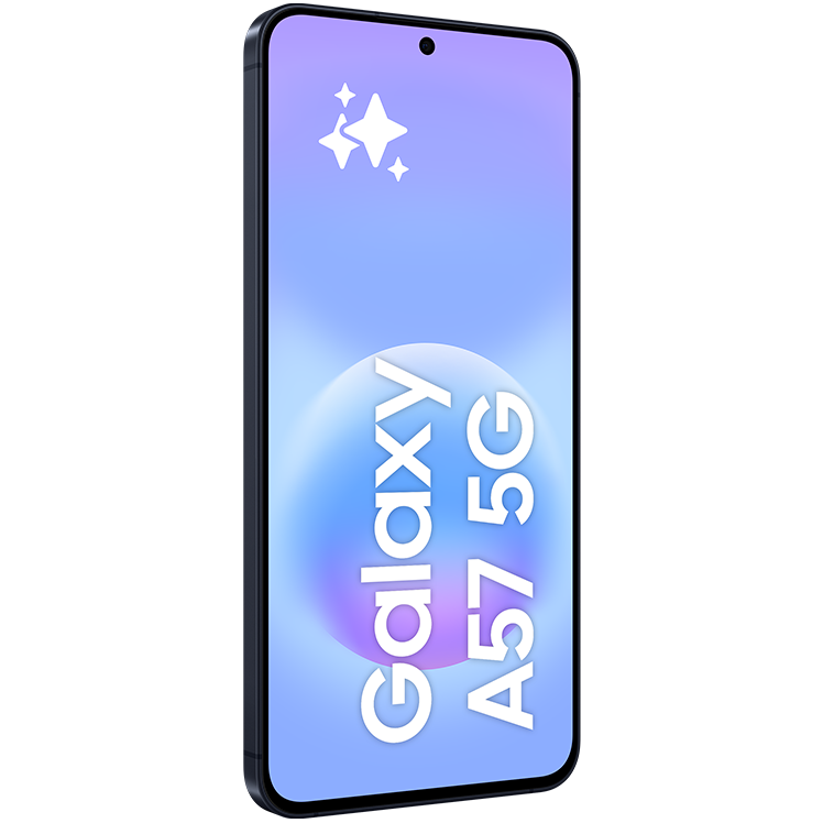 En Samsung Galaxy A57 5G-smartphone visad från sidan med ljusblå skärm som visar produktnamnet och gnistrande stjärnor.