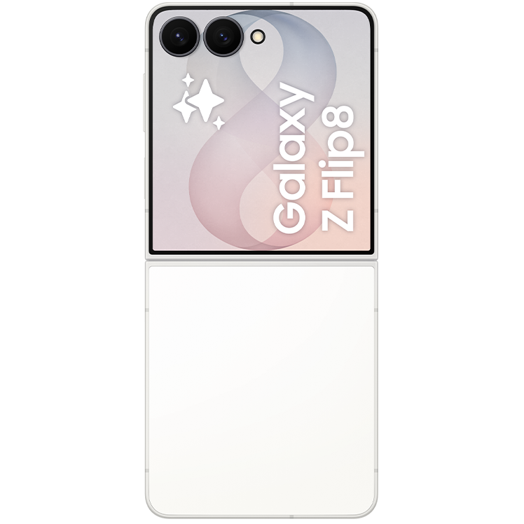 Samsung Galaxy Z Flip8 vikbar smartphone i vit färg, sedd bakifrån med dubbla kameror och cover-display synlig.
