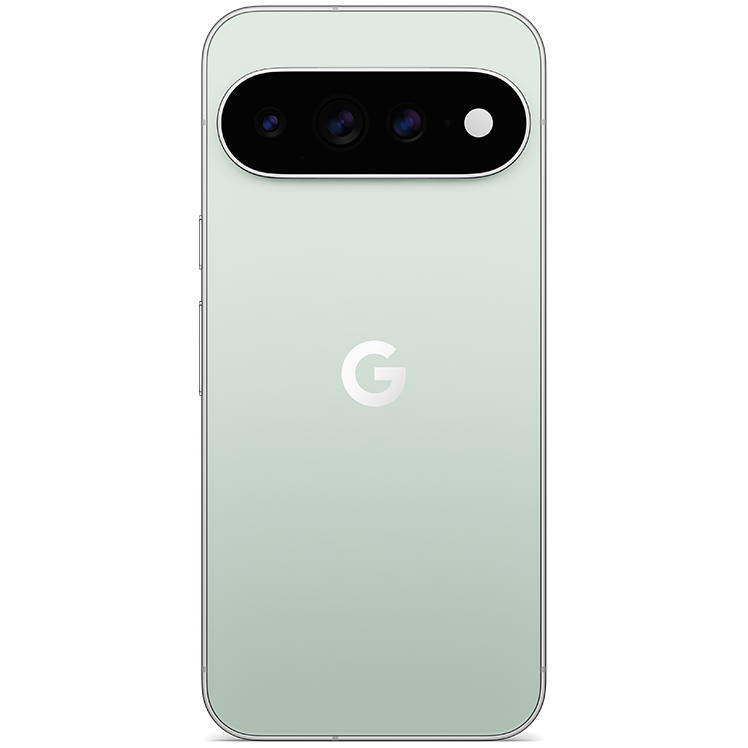 Baksida av en ljusblå Google Pixel 11 Pro XL med trippelkamera och Google-logotyp i mitten.