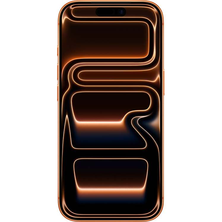 Orange iPhone 17 Pro med svart skärm som visar abstrakta gyllene ljuslinjer i ett vågformat mönster mot mörk bakgrund.