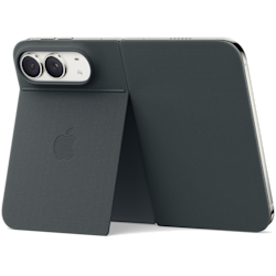 Mörkgrått skal till iPhone Duo, man ser mobilens dubbla kameror på baksidan och ett inbyggt stöd, visande Apple-logotypen.