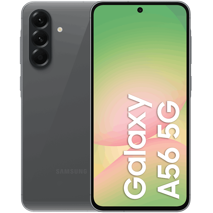 Två Galaxy A56-mobiler, grafitgrå, en sedd bakifrån, stilren design, tre vertikalt placerade kameror i övre vänstra hörnet. Den andra sedd framifrån med rosa och gröna färger som flyter ihop samt vit text "Galaxy A56 5G". 