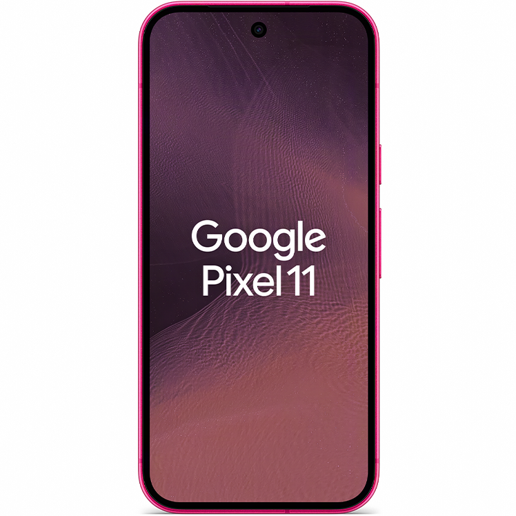 Google Pixel 11 smartphone i rosa färg, sedd framifrån med mörk lila skärm och texten Google Pixel 11.
