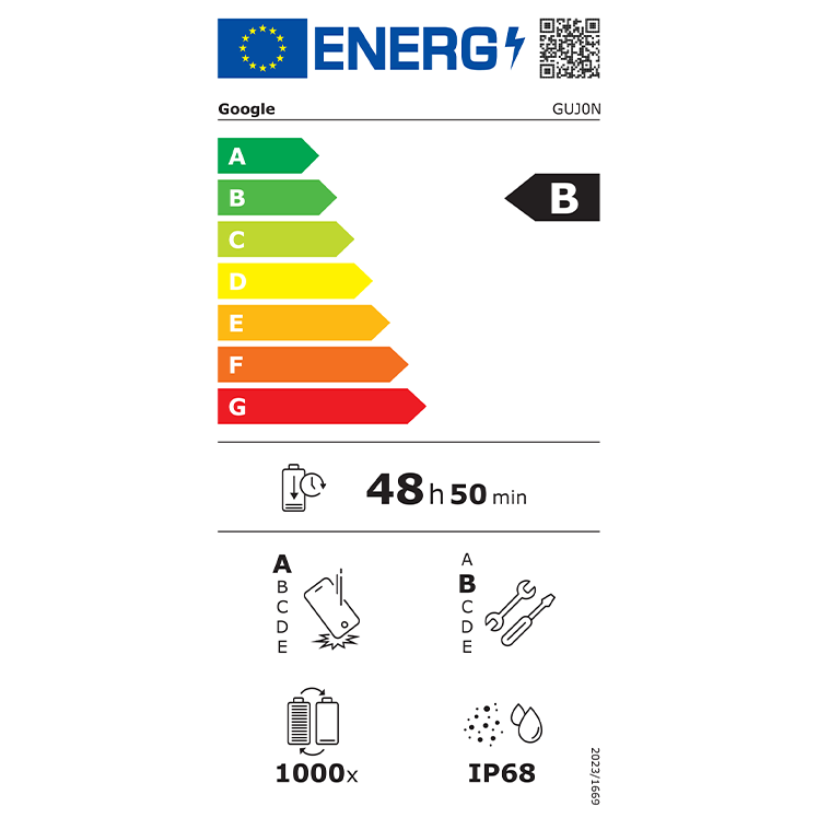 EU-energimärkning för Google GUJ0N, energiklass B, batteritid 48h 50min, 1000 laddningscykler, IP68-klassad.