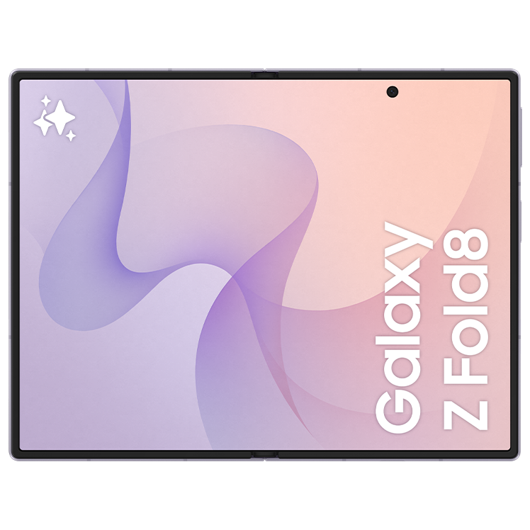 Samsung Galaxy Z Fold8 sedd framifrån fullt utfälld skärm med mjukt rosa och lila bakgrund och vit text på skärmen.