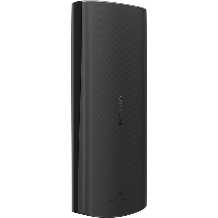 Baksidan på en svart Nokia mobiltelefon sedd snett från sidan, med slimmad design mot vit bakgrund.
