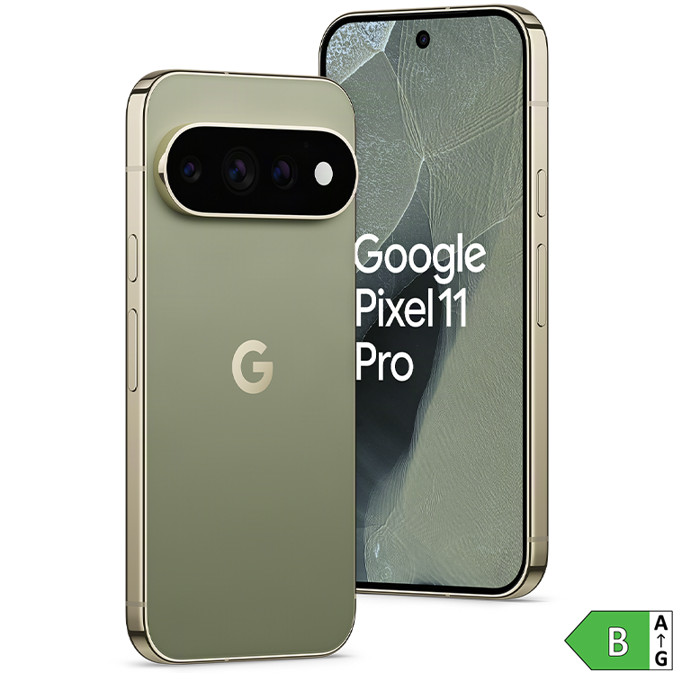 Google Pixel 11 Pro i grön färg visad från fram- och baksida, med trippelkamera och energiklass B-märkning.