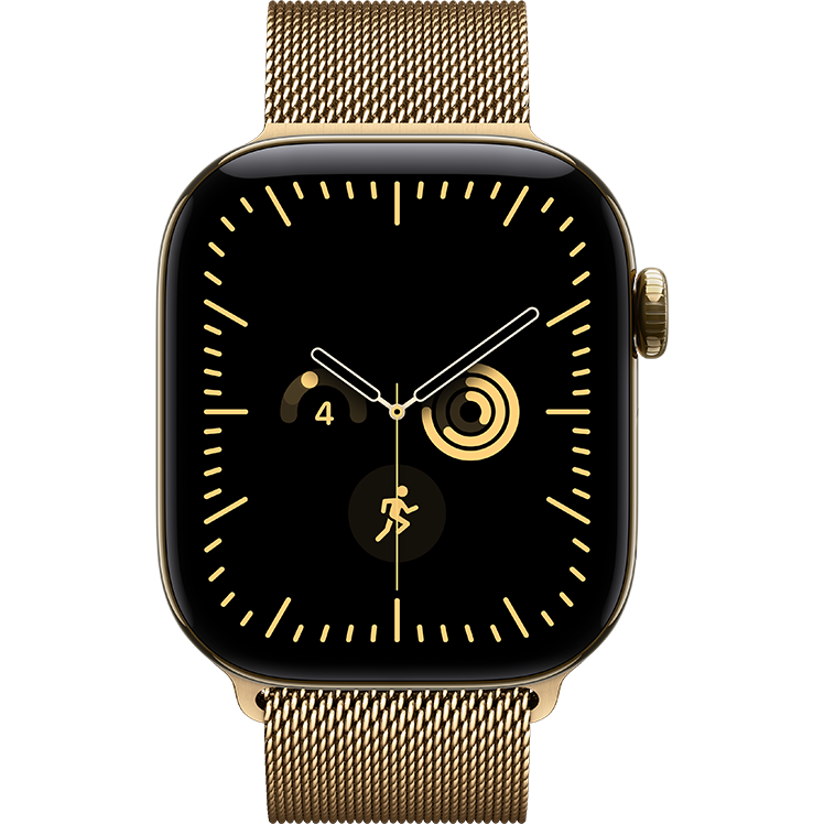 Apple Watch i guld rostfritt stål med milanesiskt armband och svart urtavla med gulddetaljer.