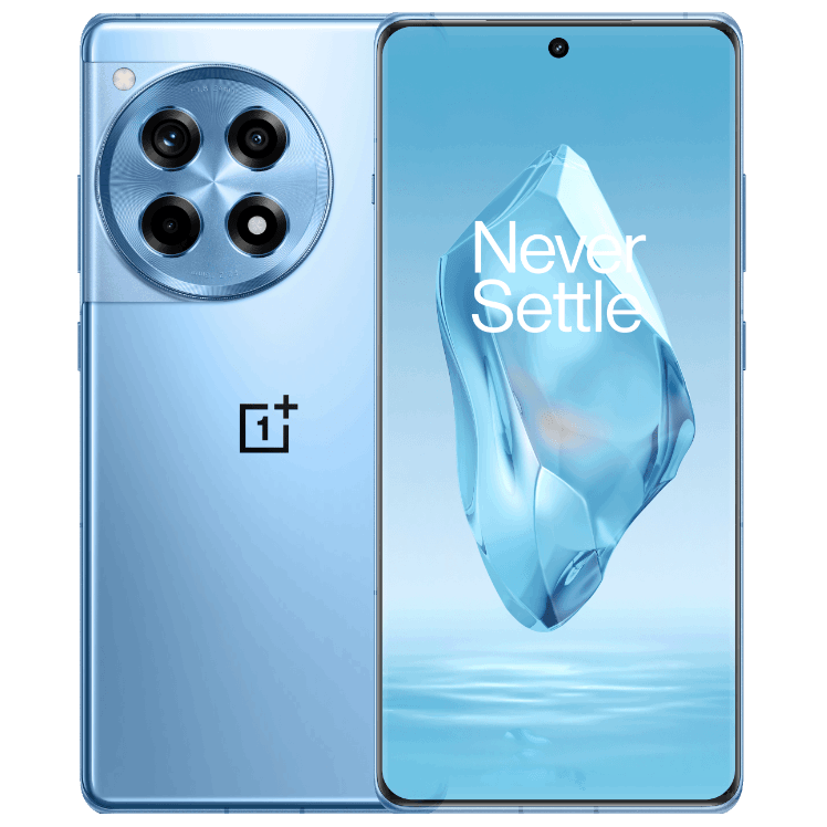 OnePlus 12R, blå, baksida, stor rundad kameradel med tre kameror och blixt på övre delen av mobilen, OnePlus-logotyp i mitten. Framsida med blå skärmbakgrund och texten "Never Settle", hål för kamera längst upp på skärmen.