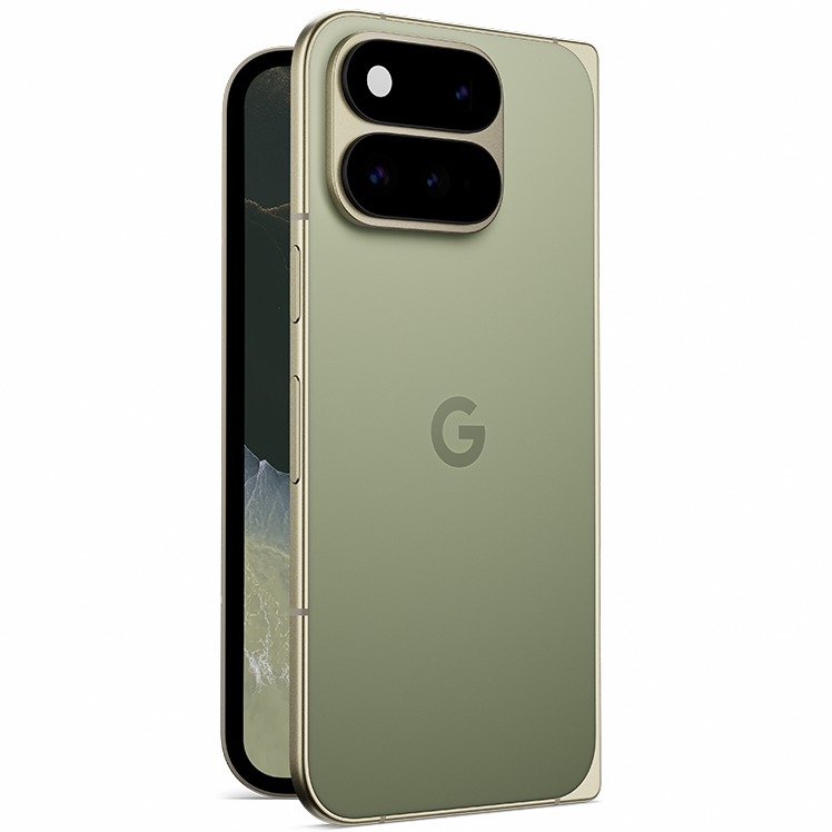 Google Pixel 11 Pro Fold i grönt med dubbla kameror på baksidan och Google-logotyp, visad från vinkel.