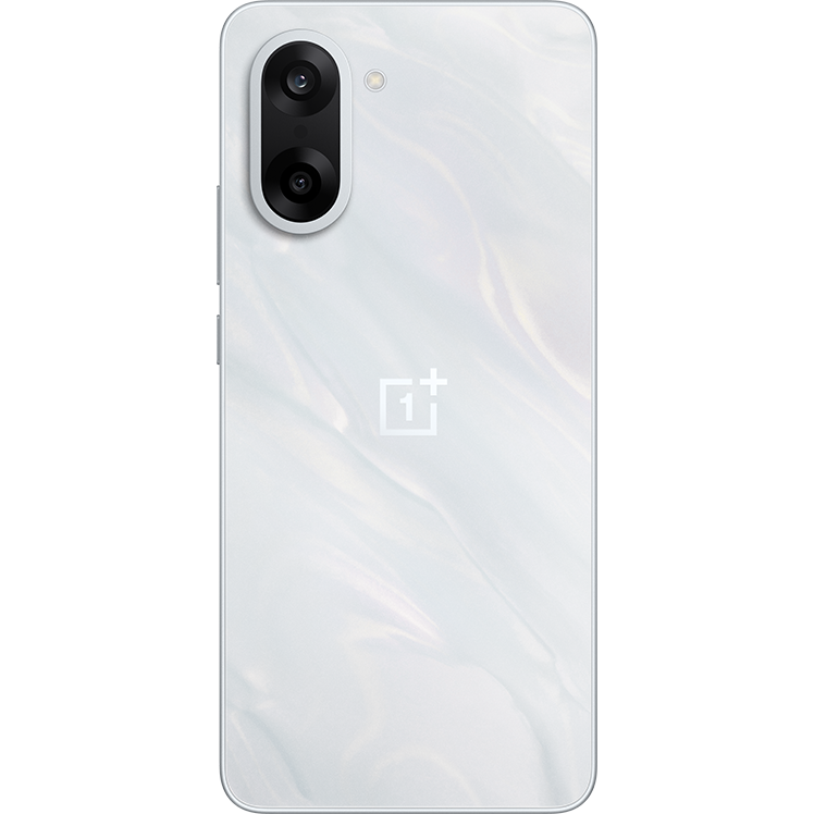 En vit OnePlus-smartphone med marmormönstrad baksida och dubbla kameror i en oval modul på ovansidan.