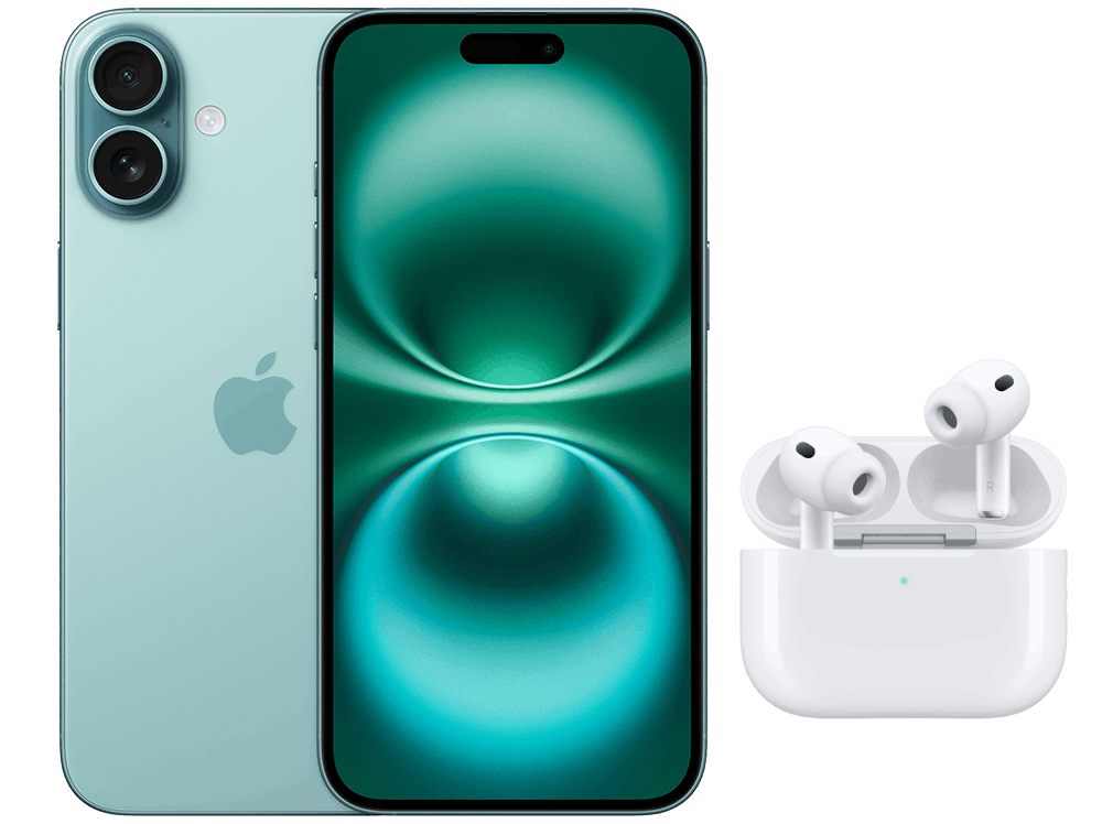 Fram- och baksida av smartphone iPhone 16 Plus i grönt samt ett par hörlurar av modell AirPods Pro 3 i vitt med vitt fodral.