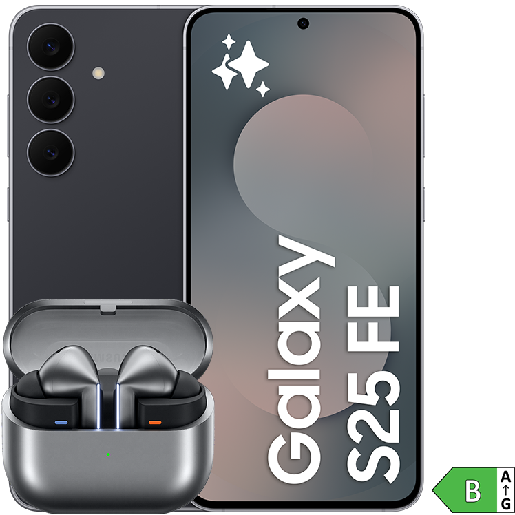 Svart Samsung Galaxy S25 FE med tre kameror visas bredvid ett par grå trådlösa hörlurar med laddningsfodral.