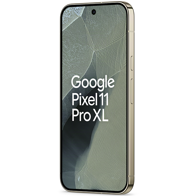 Google Pixel 11 Pro XL smartphone i grön färg med grön skärm, visad i vinkel från framsidan.