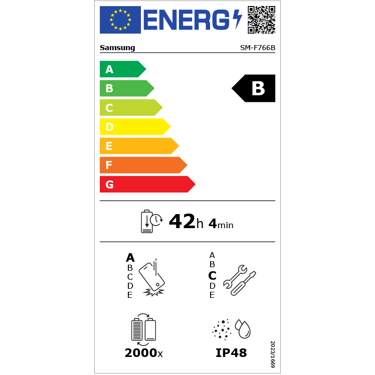 EU-energimärkning för Samsung SM-F766B med energiklass B, batteritid 42h 4min och IP48-klassificering.