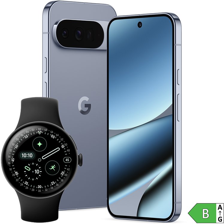 En gråblå Google Pixel 10 Pro XL bredvid en svart Watch 4 med digital urtavla och energimärkning.