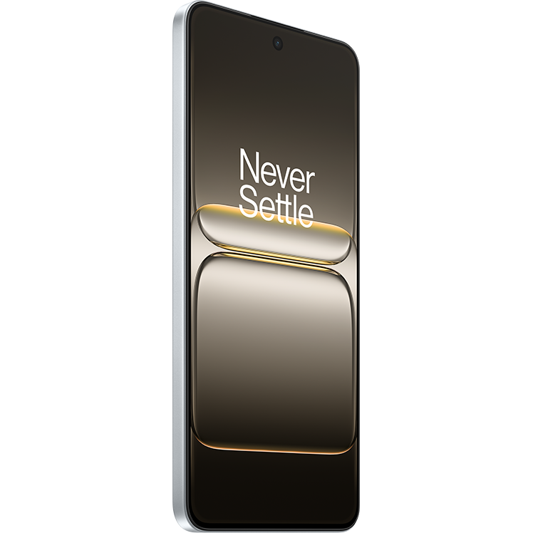 OnePlus-smartphone i sidovy med texten "Never Settle" på en elegant guldskimrande skärm med metallram.