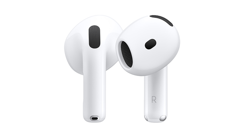 Fram- och baksida på vita hörlurar AirPods 4 utan fodral. 