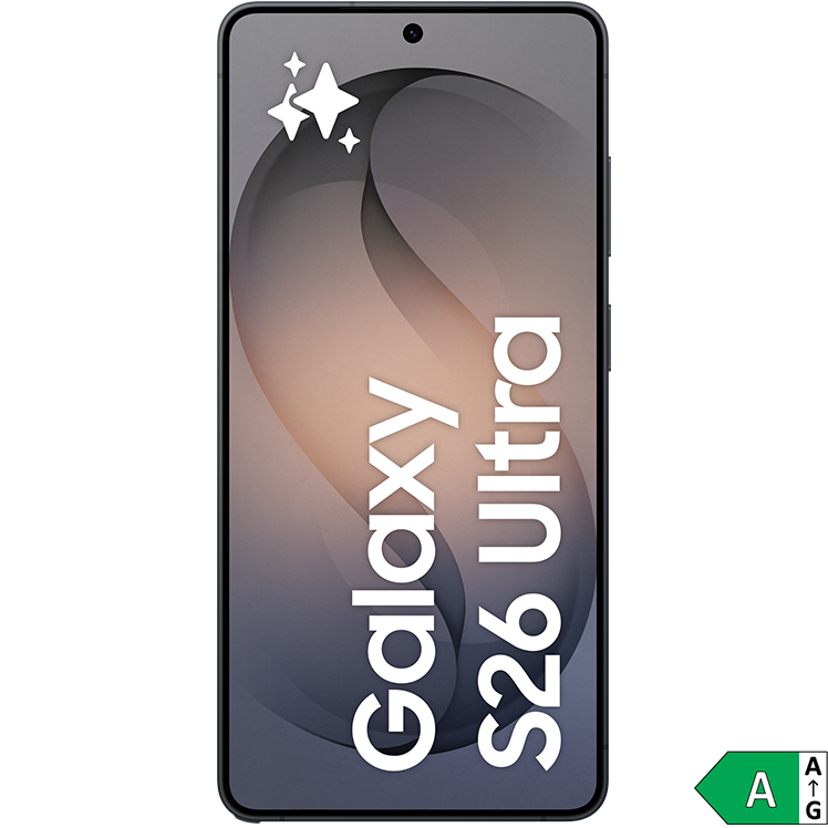 Samsung Galaxy S26 Ultra-smartphone med pastellfärgad bakgrund och energimärkning A i grönt.