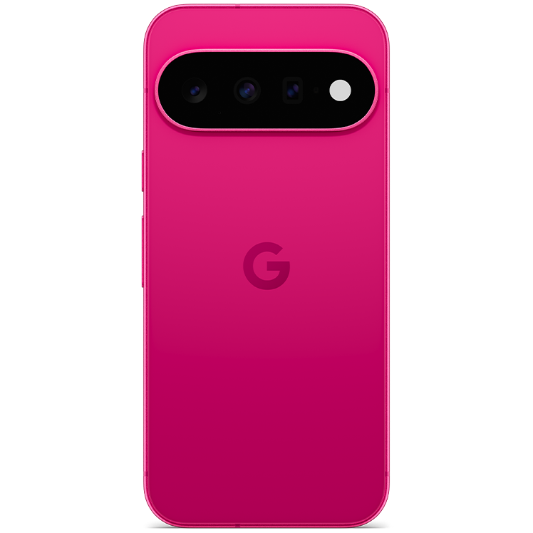 Google Pixel 11 sedd bakifrån i rosa färg med trippelkamera och Google-logotyp.