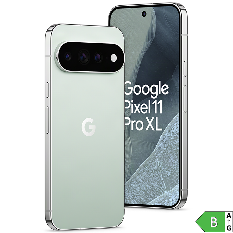 Google Pixel 11 Pro XL i ljusblå färg visad från fram- och baksida med trippelkamera och energiklass B-märkning.