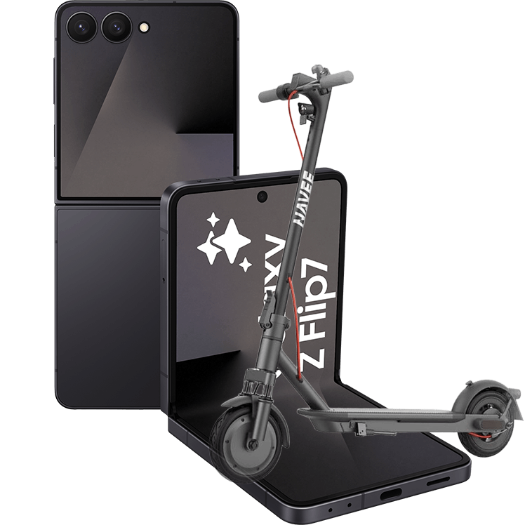 Svart Samsung Galaxy Z Flip7 med elscooter framför