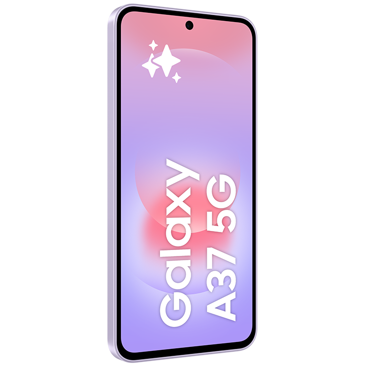 Lila Samsung Galaxy A37 5G-smartphone med rosa-lila skärm och centrerad kamera.