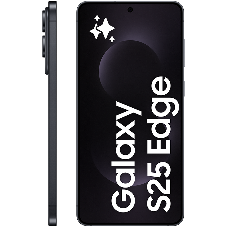 Galaxy S25 Edge, svart, framifrån och från sidan, tunna ramar, centrerad kamera högst upp på skärmen.