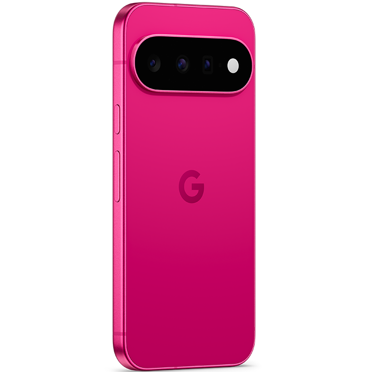 Google Pixel 11 i rosa färg, baksidesvy med trippelkamera och Google-logotyp synlig.